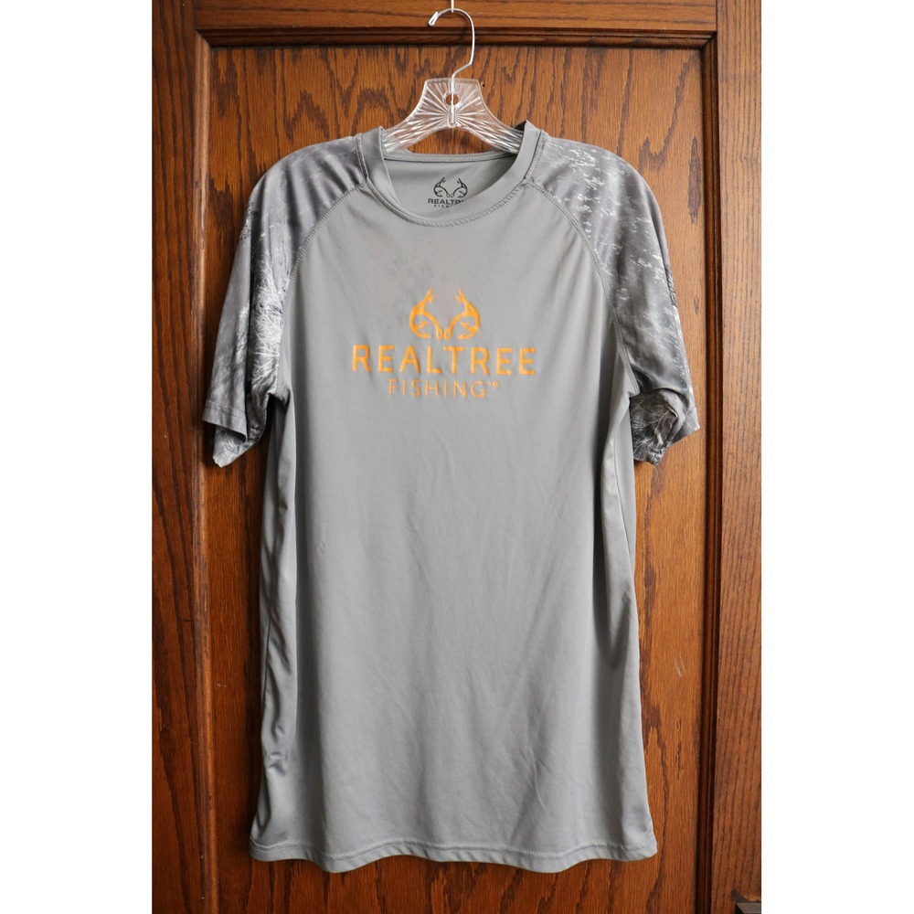 REALTREE Shirt Fishing Short Sleeve Performance Mens Medium Gray Camo Graphic